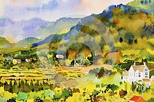 Village cottage and rice field, Watercolor painting