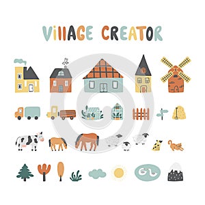 Village creator with houses, cars, animals, trees, mill, greenhouse and etc