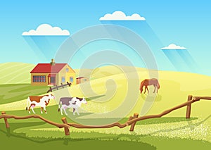 Village dairy farm with cows, rural ranch countryside summer landscape and farmhouse