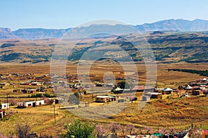 Village in Drakensberg. Houses in highveld