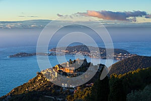 The Village of Eze, the Mediterranean Sea and Saint-Jean-Cap-Ferrat at sunrise. French Riviera, France