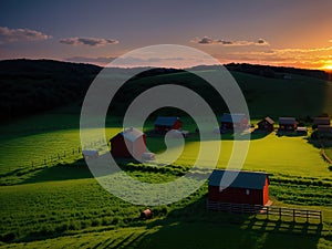 Village farm, machinery, animals, dusk, landscape, aerial photography