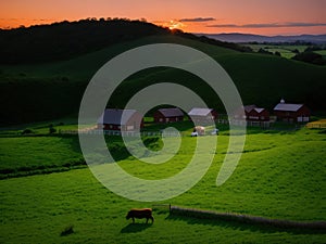 Village farm, machinery, animals, dusk, landscape, aerial photography