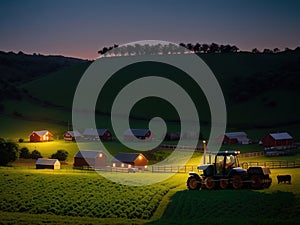 Village farm, machinery, animals, dusk, landscape, aerial photography