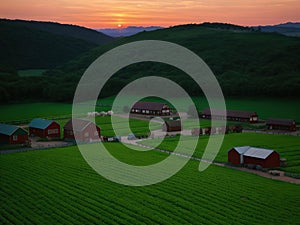 Village farm, machinery, animals, dusk, landscape, aerial photography