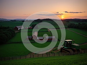 Village farm, machinery, animals, dusk, landscape, aerial photography