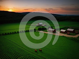 Village farm, machinery, animals, dusk, landscape, aerial photography