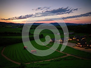 Village farm, machinery, animals, dusk, landscape, aerial photography