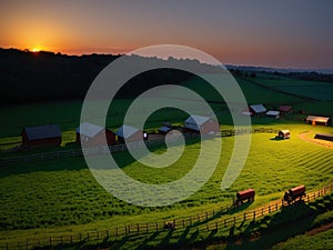 Village farm, machinery, animals, dusk, landscape, aerial photography