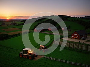 Village farm, machinery, animals, dusk, landscape, aerial photography