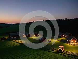 Village farm, machinery, animals, dusk, landscape, aerial photography