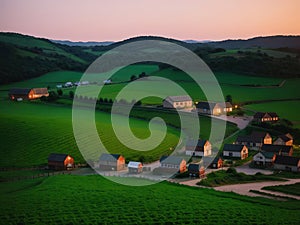 Village farm, machinery, animals, dusk, landscape, aerial photography