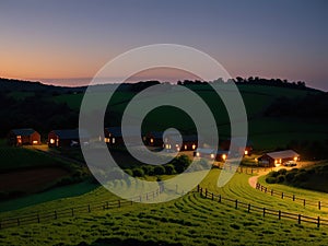 Village farm, machinery, animals, dusk, landscape, aerial photography