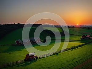 Village farm, machinery, animals, dusk, landscape, aerial photography