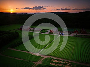 Village farm, machinery, animals, dusk, landscape, aerial photography