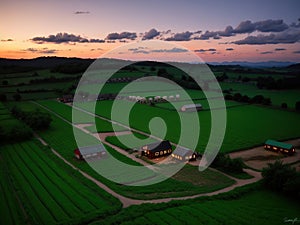 Village farm, machinery, animals, dusk, landscape, aerial photography