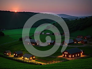 Village farm, machinery, animals, dusk, landscape, aerial photography