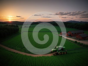 Village farm, machinery, animals, dusk, landscape, aerial photography