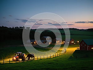 Village farm, machinery, animals, dusk, landscape, aerial photography