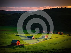 Village farm, machinery, animals, dusk, landscape, aerial photography