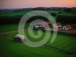 Village farm, machinery, animals, dusk, landscape, aerial photography