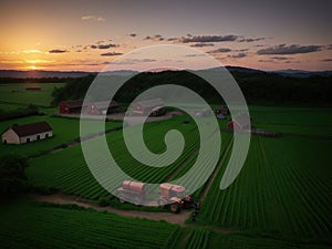 Village farm, machinery, animals, dusk, landscape, aerial photography