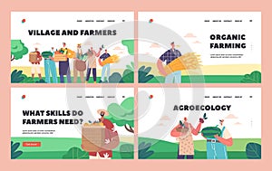 Village and Farmers Landing Page Template Set. Ranchers Group with Crops. Characters With Fresh Produce And Sustenance