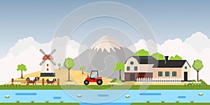 Village flat vector set design, concept of urban farm and agriculture with river, mountain, and rural area with houses. Urban