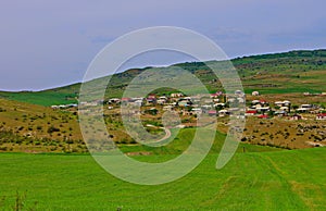Village on the foothills in the Shamakhi region of the Republic of Azerbaijan in spring