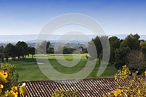 Village and golf of Pont Royal at sunset, Provence, France