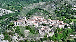 Village of Gourdon in Alps in France seen from the sky