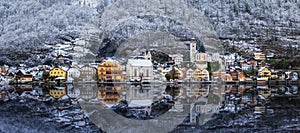 The village of Hallstatt, Austria, in the Alps with ice and snow