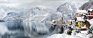 The village of Hallstatt, Austria in the winter time photo