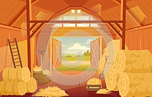 Village haystack wooden barn interior, rural dried hay shed room. Farming haymow storage, haystacks wooden village building vector