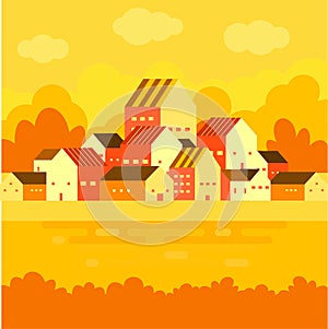 Village and hills flat landscape.Flat design rural landscape illustration with a country house, arable land, hills and mountains.