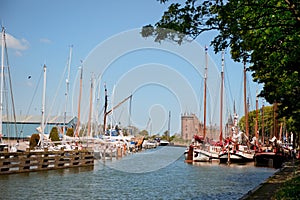 Village in Holland with harbor and castle