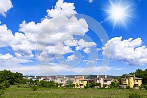 Village homes on sunny day