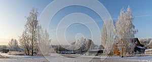 Village house with birch trees in hoarfrost in winter daytime. Snow covered field, some bare deciduous trees, blue sky