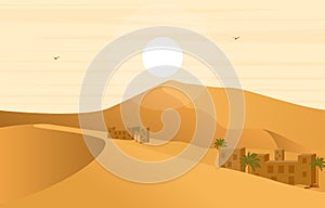 Village House in Desert with Date Palm Tree Arabian Landscape Illustration