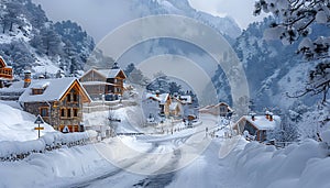 Village house with Mountain view, winter, generated by AI