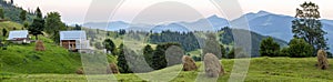 Village houses on hills with green meadows in summer day. House