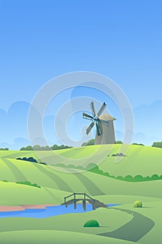 Village illustration. Vector. A windmill stands in a field. Rural landscape. Gradient execution technique. Illustration for packag