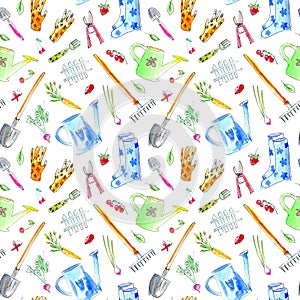 Village image with garden plants and tools seamless pattern.