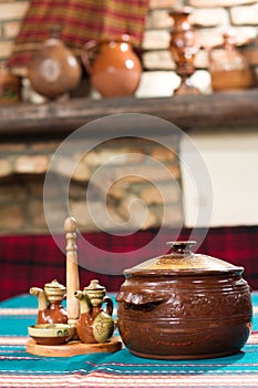 Village interior of table with cup gourmet meal