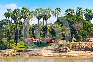The village on the Irrawaddy river Irrawaddy, Mandalay, Myanmar, Burma. Copy space for text.