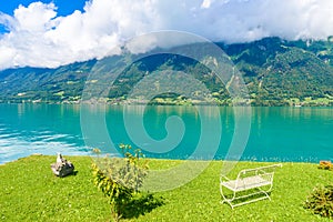 Village Iseltwald at Lake Brienz - beautiful lake in the alps at Interlaken, Switzerland