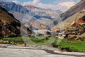 The village Kagbeni in the Himalayan mountains. Kali Gandaki River gorge. Nepal photo