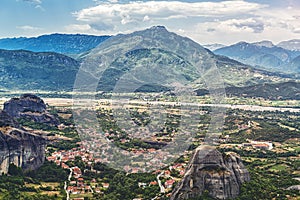 Village Kastraki seen from the Great Meteora Monastry, Greec