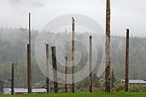 Village of Kispiox, BC with an array of traditional totem poles