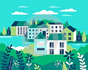 Village landscape flat vector illustration. Buildings, hills, la